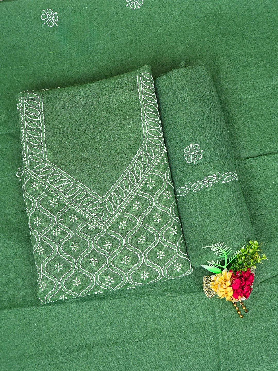 Ada Hand Embroidered Green Cotton Lucknowi Chikankari Unstitched Suit Piece 01A882364