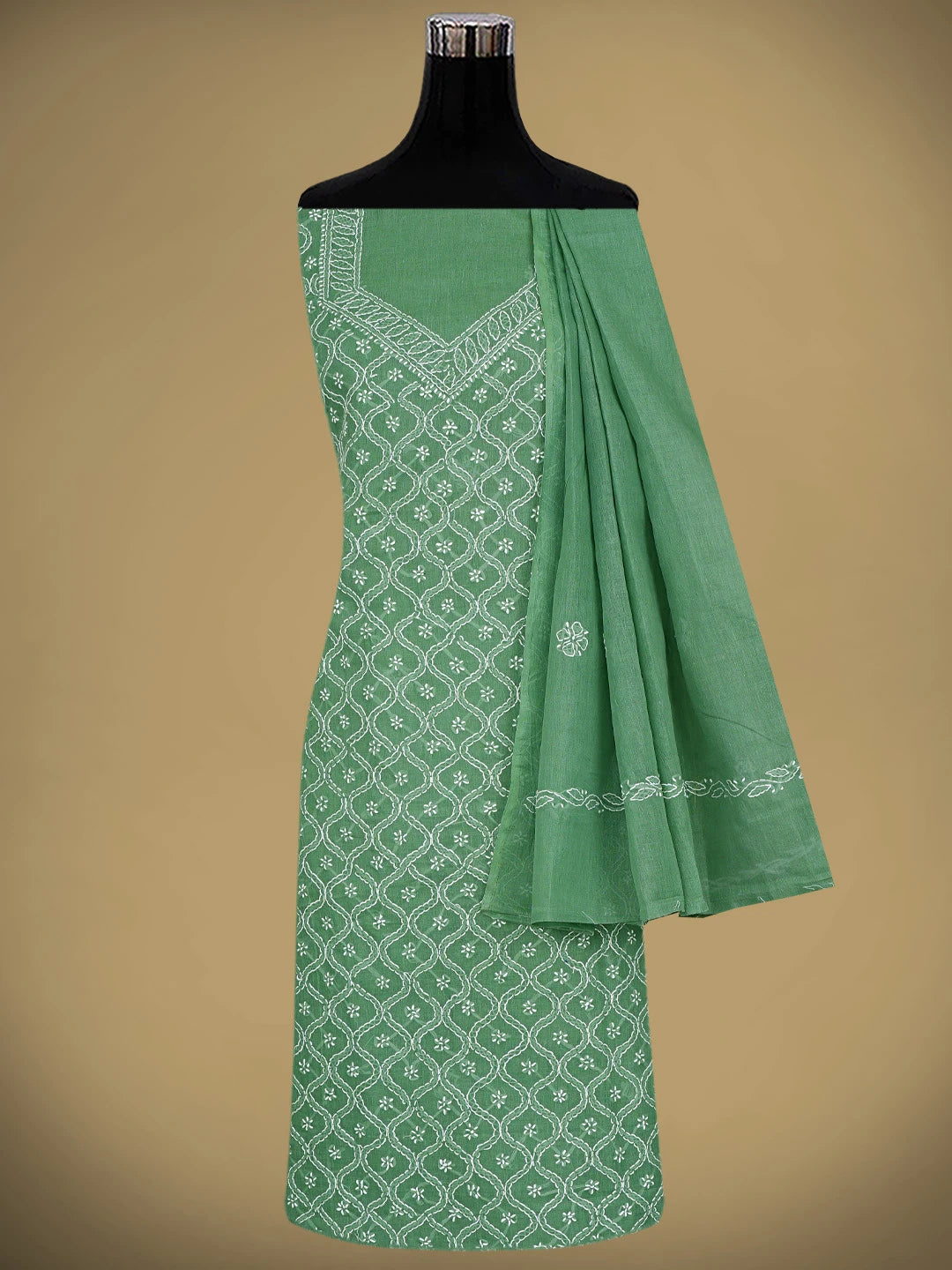 Ada Hand Embroidered Green Cotton Lucknowi Chikankari Unstitched Suit Piece 01A882364