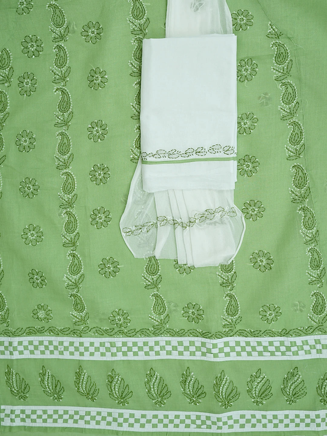 Ada Hand Embroidered Green Cotton Lucknowi Chikankari Unstitched Suit Piece 01A882752