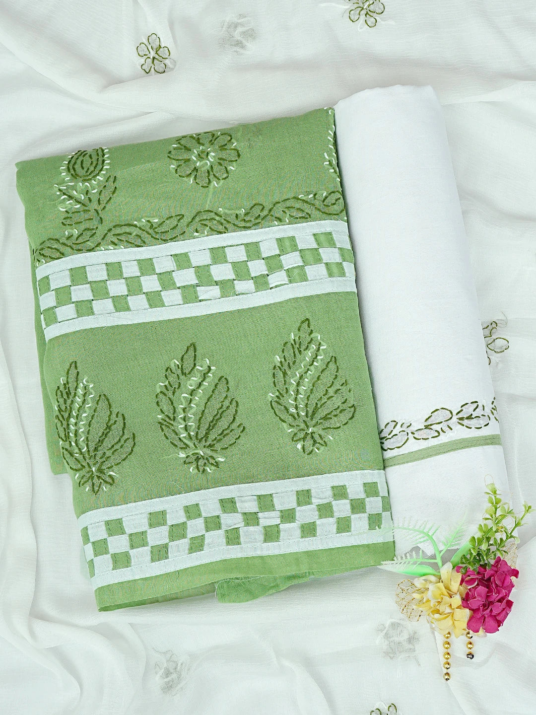 Ada Hand Embroidered Green Cotton Lucknowi Chikankari Unstitched Suit Piece 01A882752