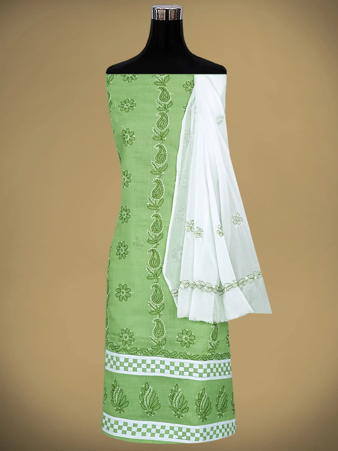 Ada Hand Embroidered Green Cotton Lucknowi Chikankari Unstitched Suit Piece 01A882752