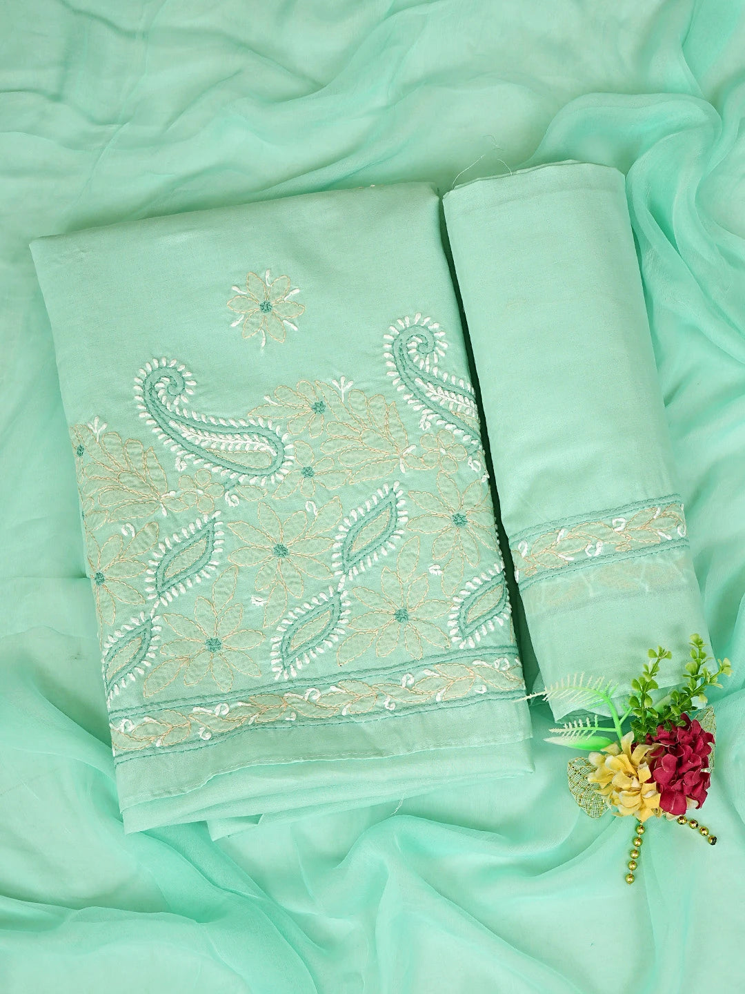 Ada Hand Embroidered Sea Green Cotton Lucknowi Chikankari Unstitched Suit Piece 01A879345