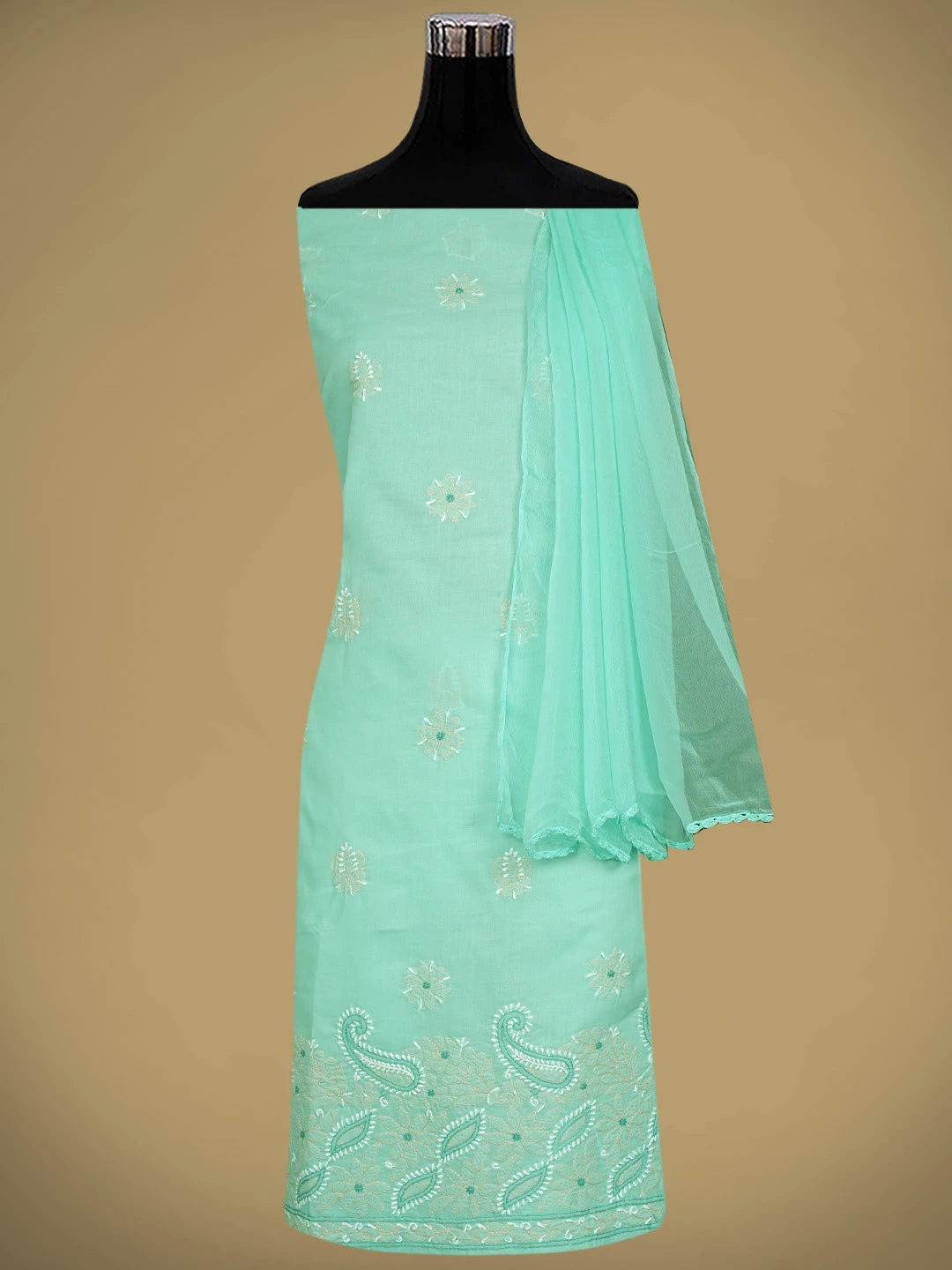Ada Hand Embroidered Sea Green Cotton Lucknowi Chikankari Unstitched Suit Piece 01A879345