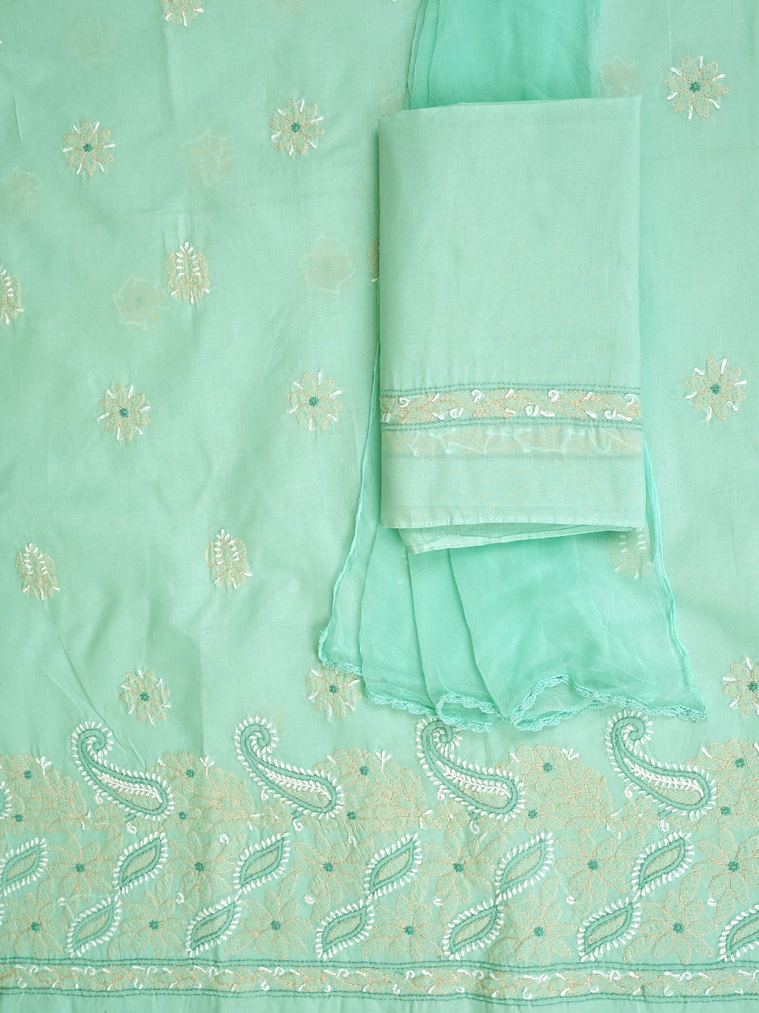 Ada Hand Embroidered Sea Green Cotton Lucknowi Chikankari Unstitched Suit Piece 01A879345