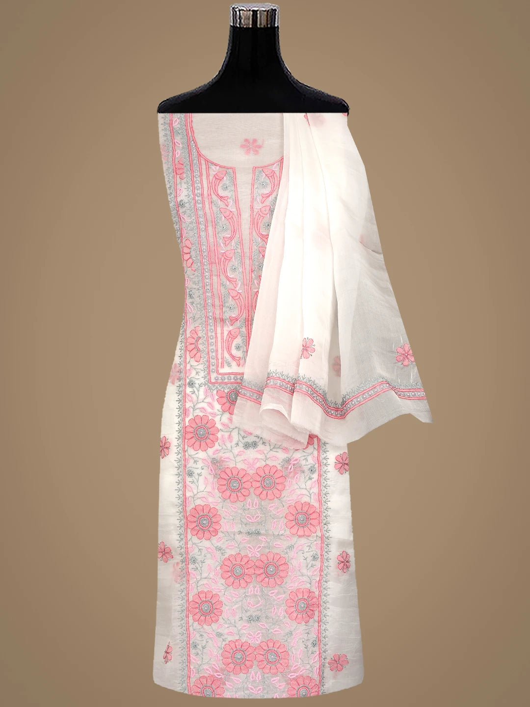 Ada Hand Embroidered Beige Organza Lucknowi Chikankari Unstitched Kurta Dupatta Set 01A877586