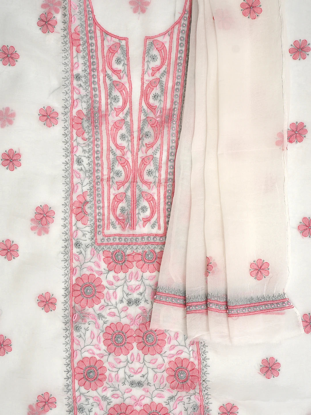 Ada Hand Embroidered Beige Organza Lucknowi Chikankari Unstitched Kurta Dupatta Set 01A877586