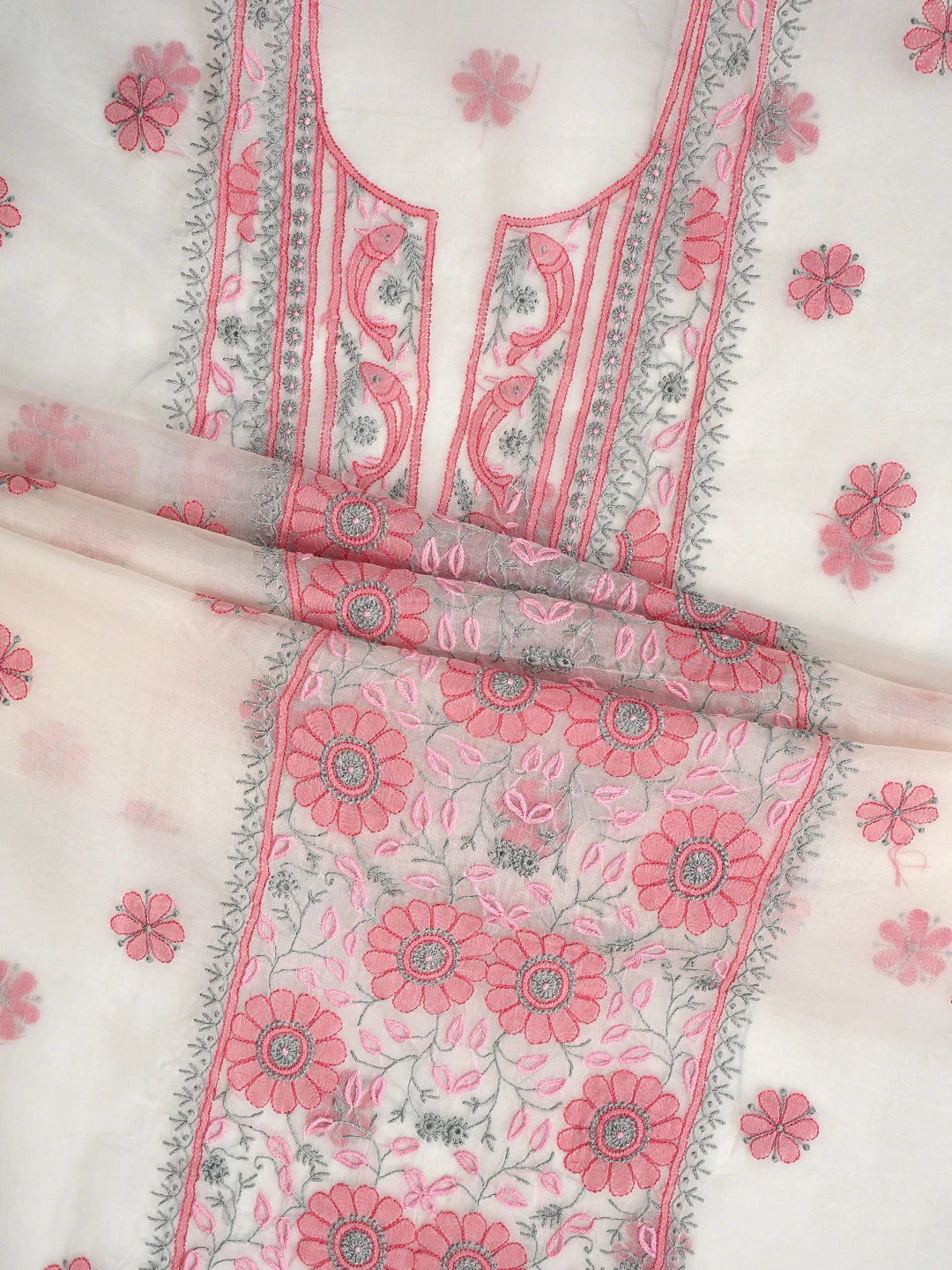 Ada Hand Embroidered Beige Organza Lucknowi Chikankari Unstitched Kurta Dupatta Set 01A877586