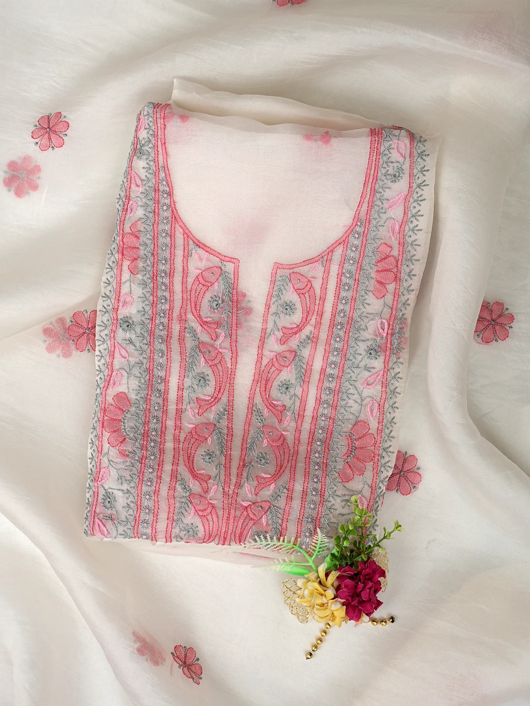 Ada Hand Embroidered Beige Organza Lucknowi Chikankari Unstitched Kurta Dupatta Set 01A877586