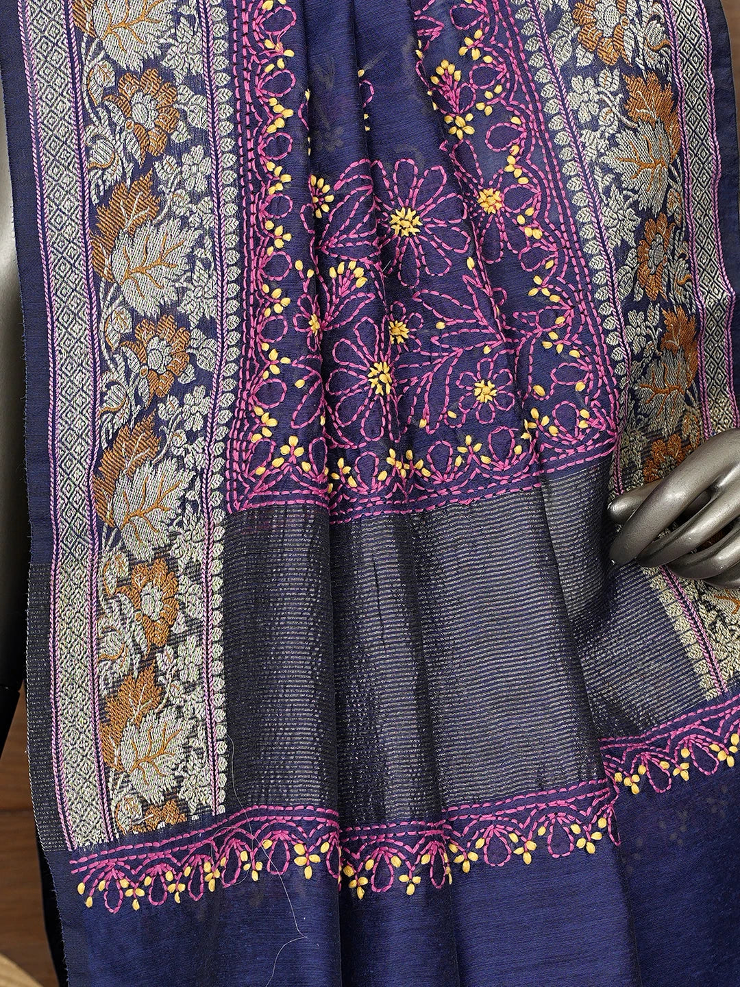 Ada Hand Embroidered Navy Blue Chanderi Lucknowi Chikankari Saree With Blouse 01A877305