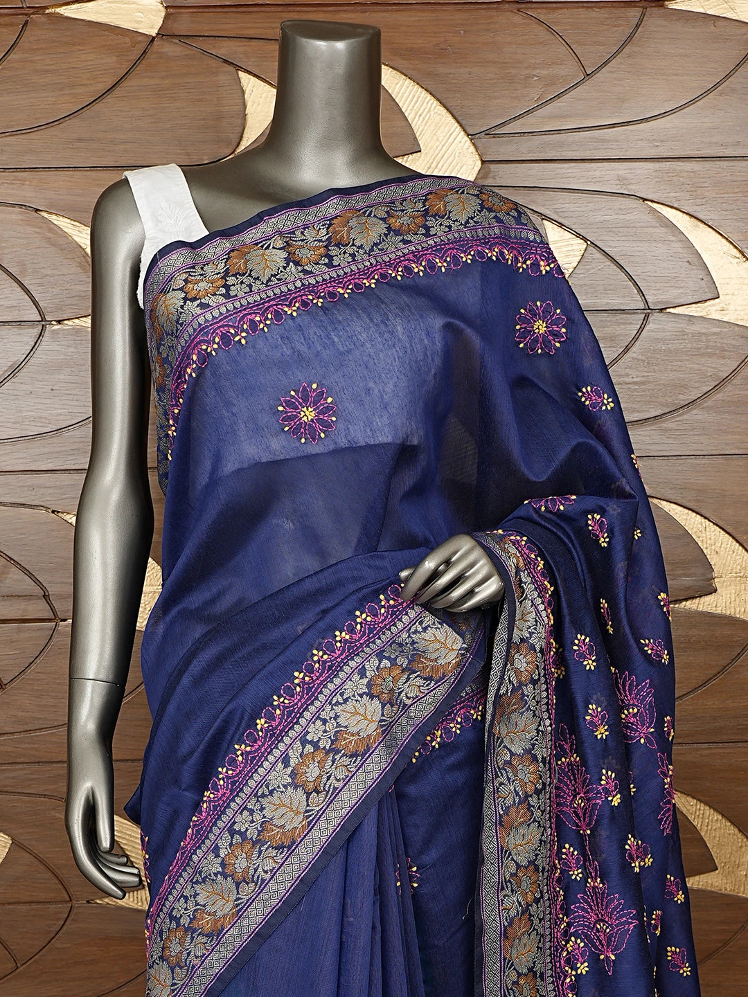 Ada Hand Embroidered Navy Blue Chanderi Lucknowi Chikankari Saree With Blouse 01A877305