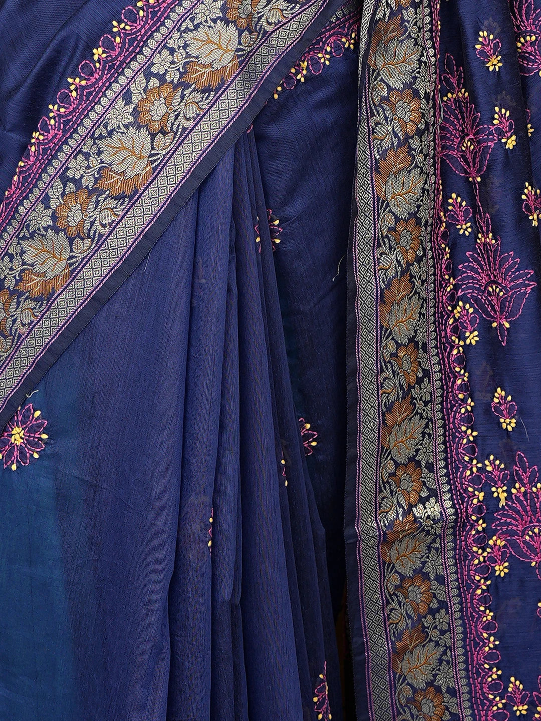 Ada Hand Embroidered Navy Blue Chanderi Lucknowi Chikankari Saree With Blouse 01A877305