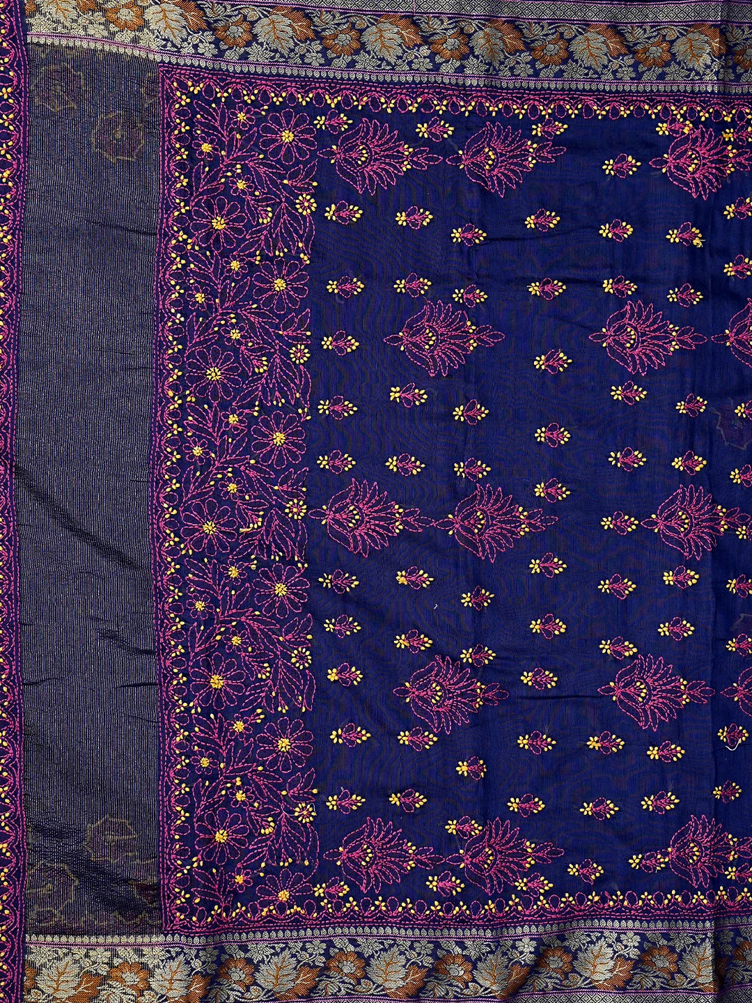 Ada Hand Embroidered Navy Blue Chanderi Lucknowi Chikankari Saree With Blouse 01A877305
