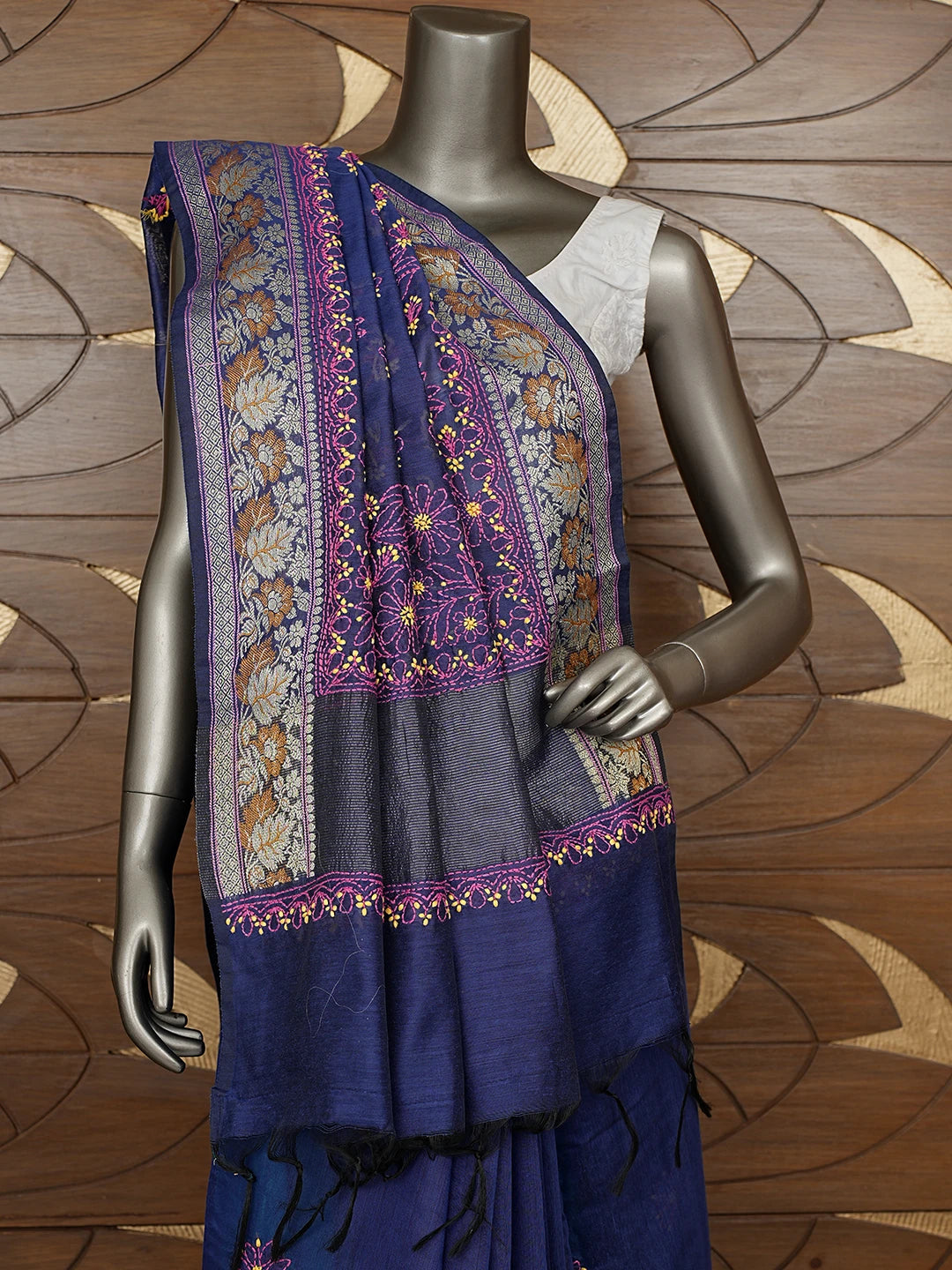 Ada Hand Embroidered Navy Blue Chanderi Lucknowi Chikankari Saree With Blouse 01A877305