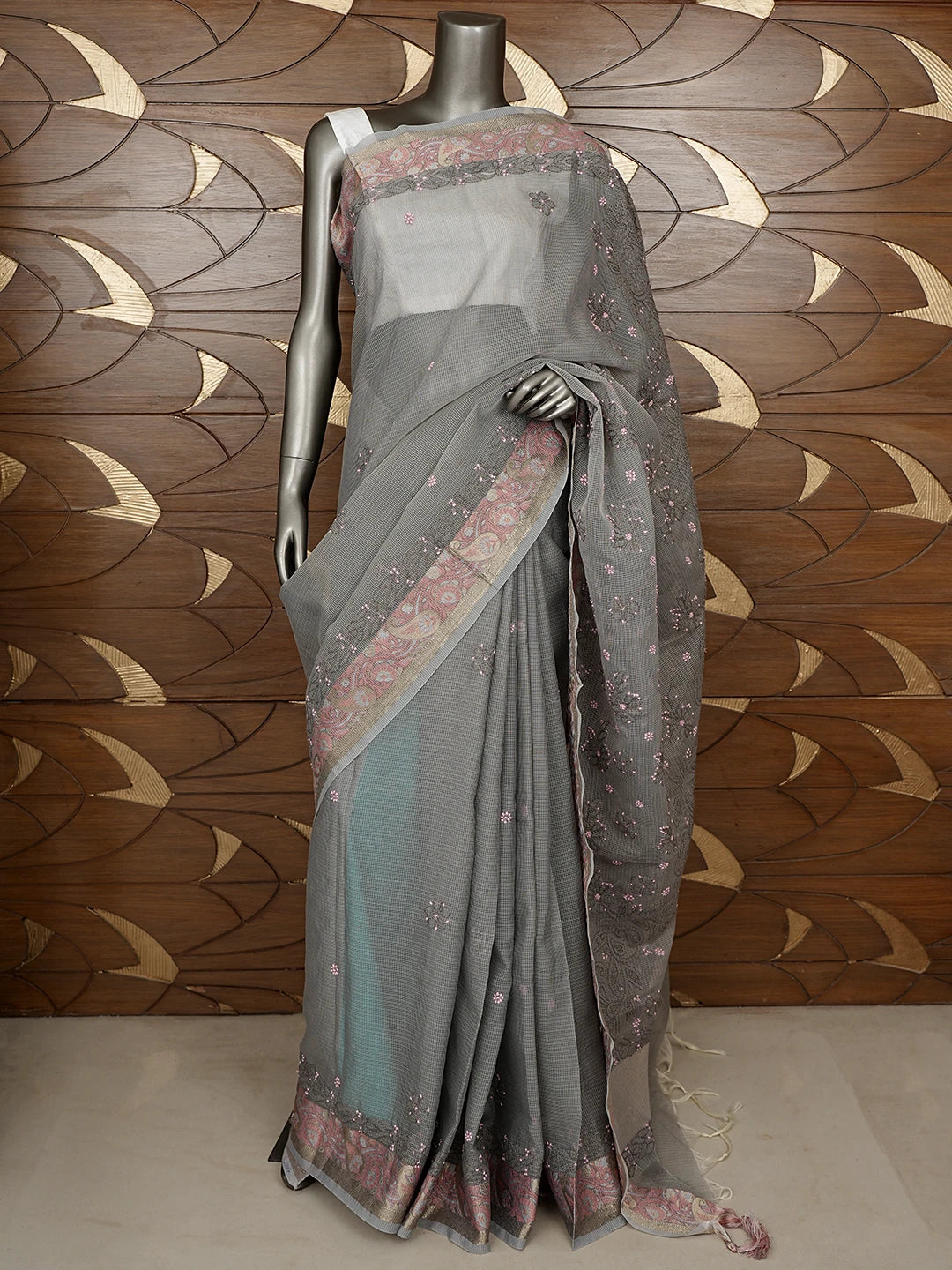 Ada Hand Embroidered Grey Chanderi Lucknowi Chikankari Saree With Blouse 01A877302