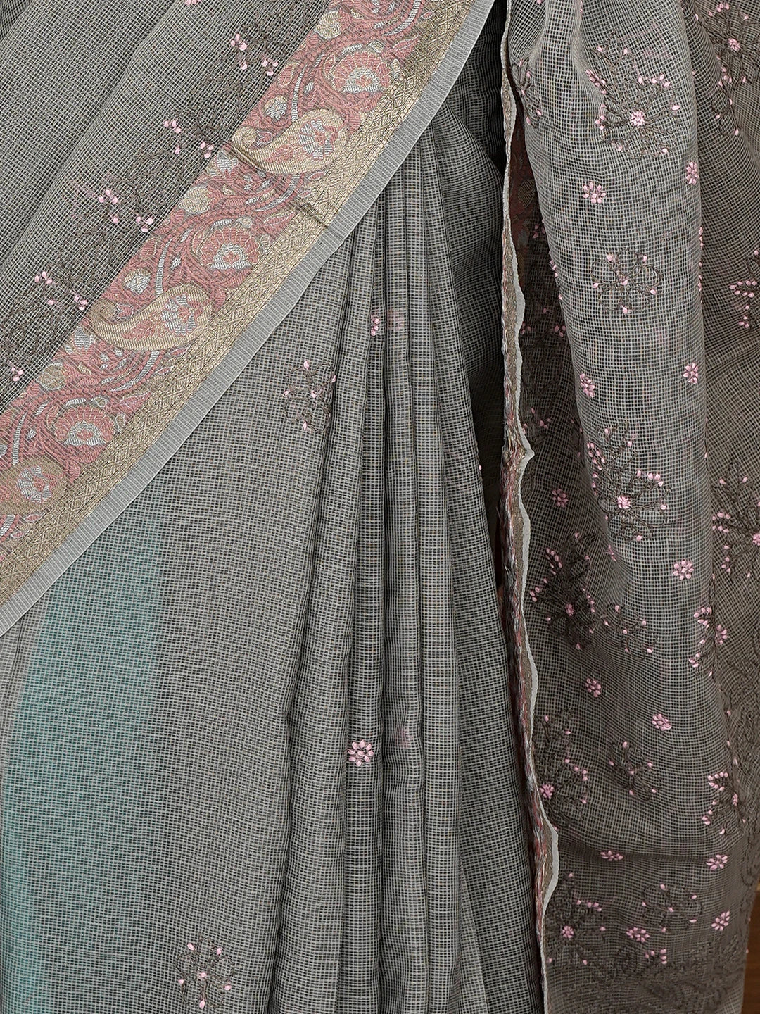Ada Hand Embroidered Grey Chanderi Lucknowi Chikankari Saree With Blouse 01A877302