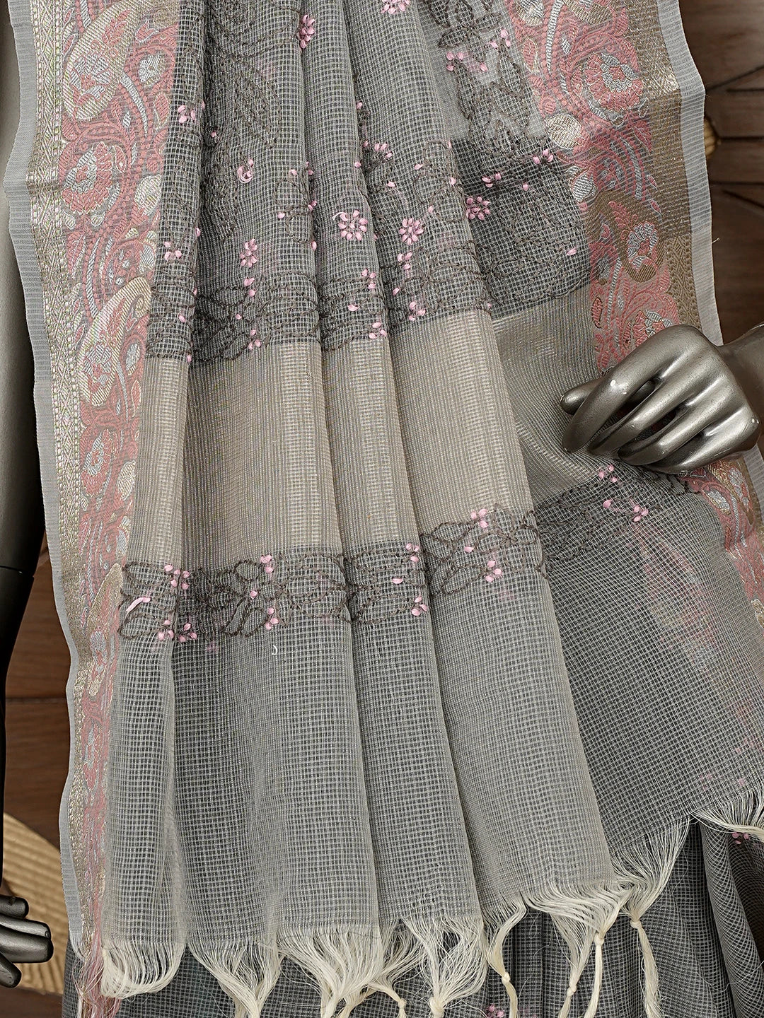 Ada Hand Embroidered Grey Chanderi Lucknowi Chikankari Saree With Blouse 01A877302