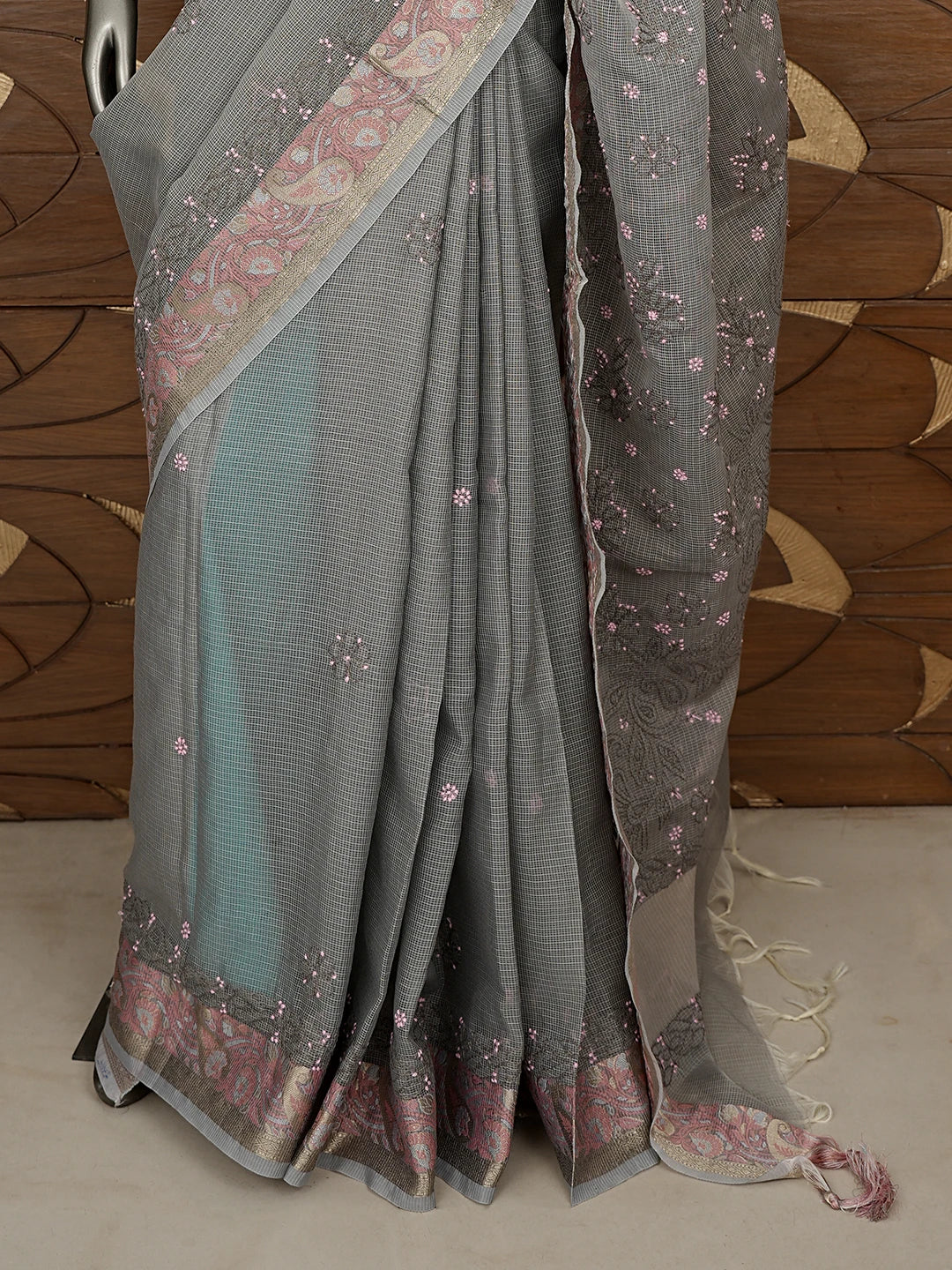 Ada Hand Embroidered Grey Chanderi Lucknowi Chikankari Saree With Blouse 01A877302