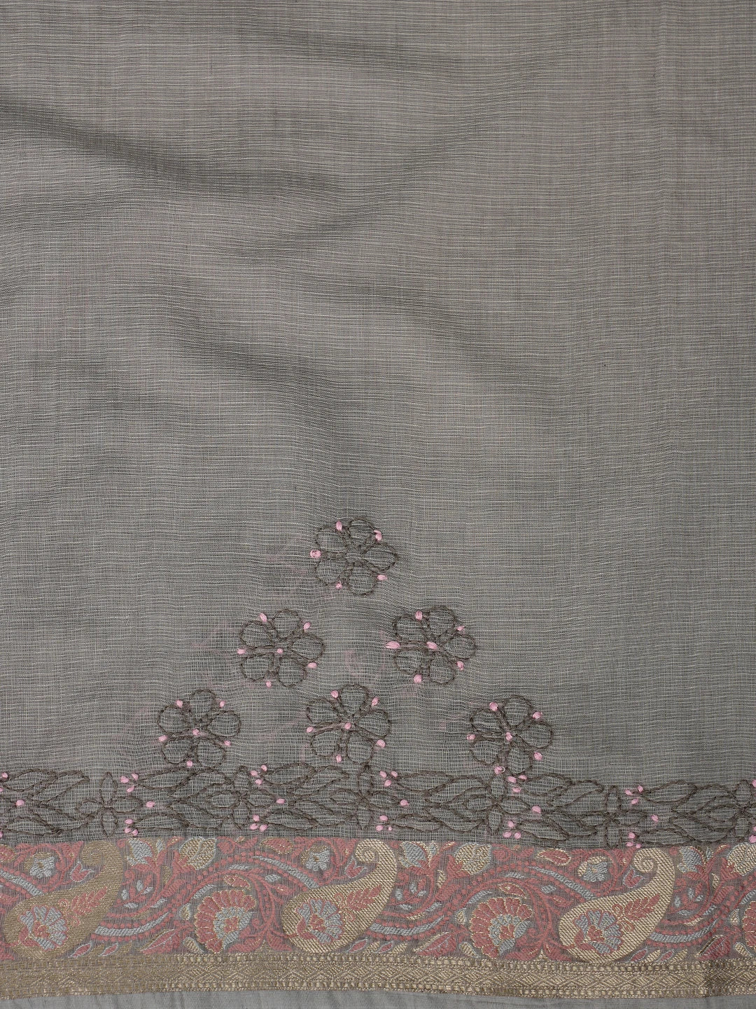 Ada Hand Embroidered Grey Chanderi Lucknowi Chikankari Saree With Blouse 01A877302