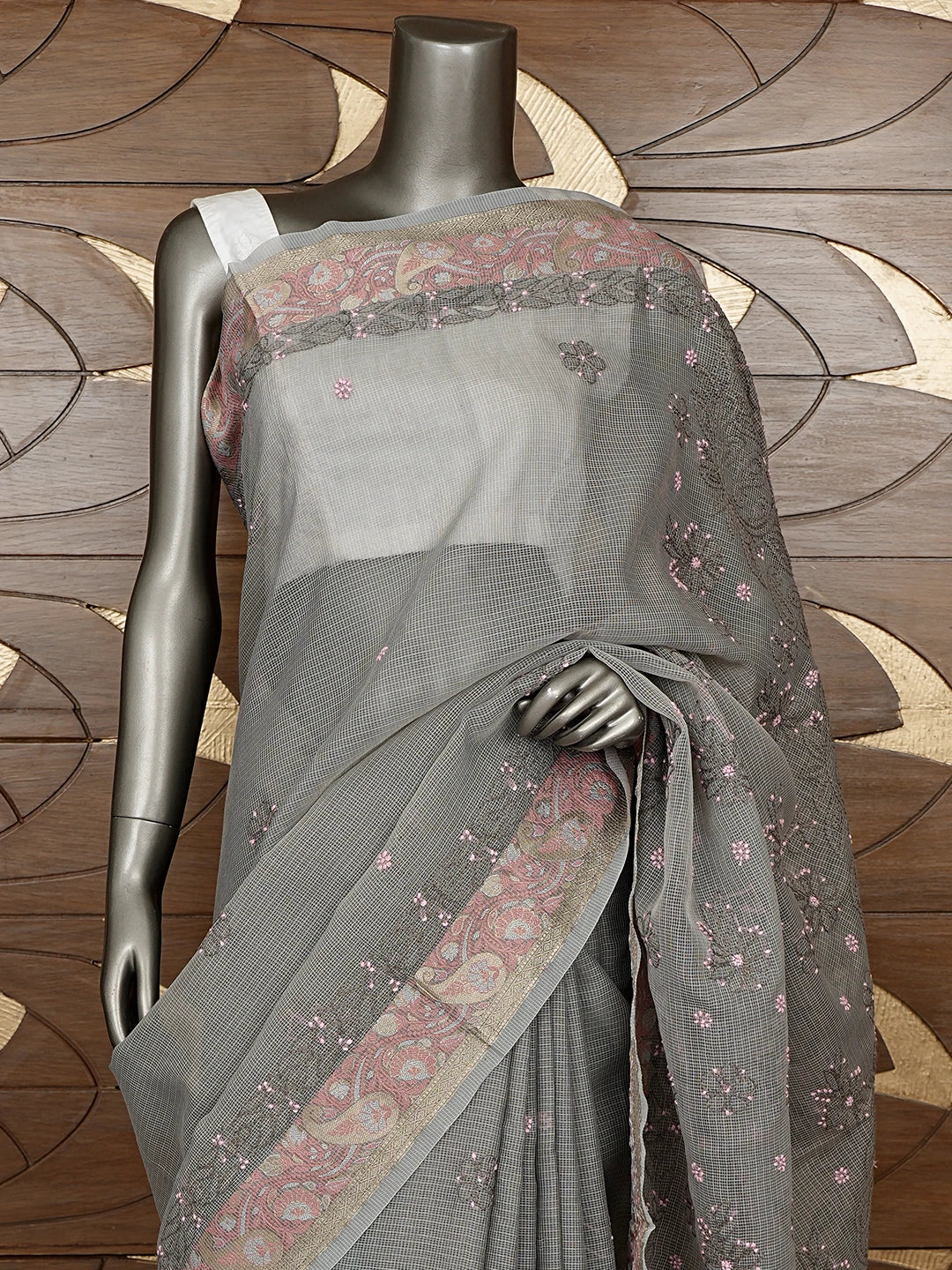 Ada Hand Embroidered Grey Chanderi Lucknowi Chikankari Saree With Blouse 01A877302