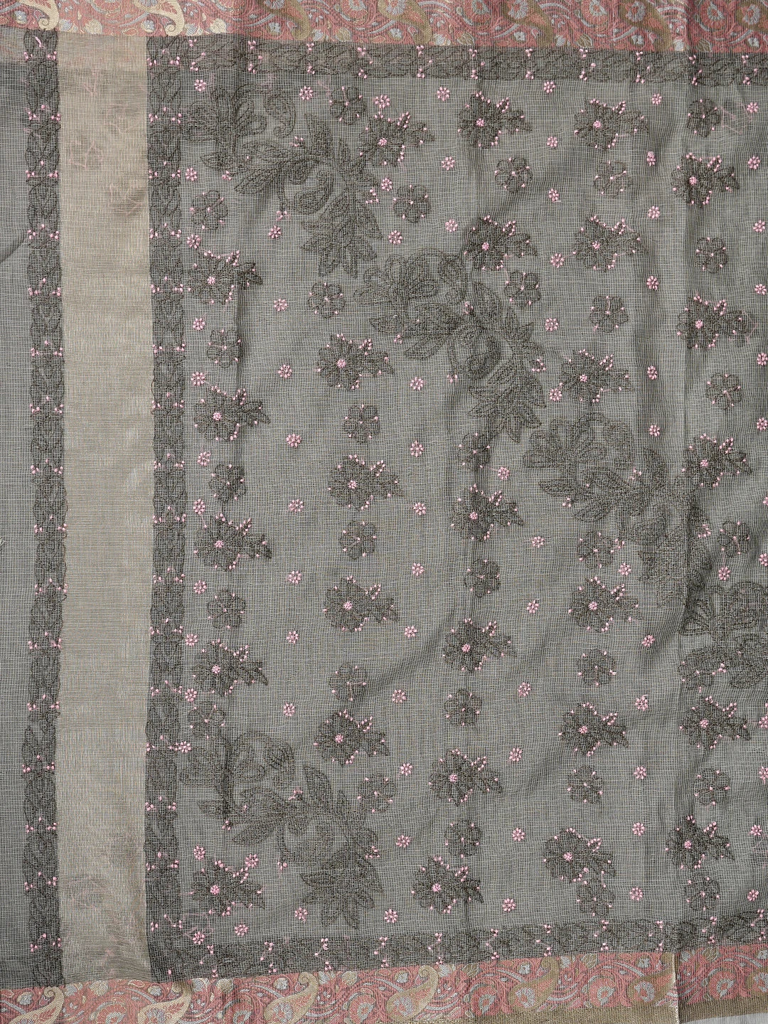 Ada Hand Embroidered Grey Chanderi Lucknowi Chikankari Saree With Blouse 01A877302