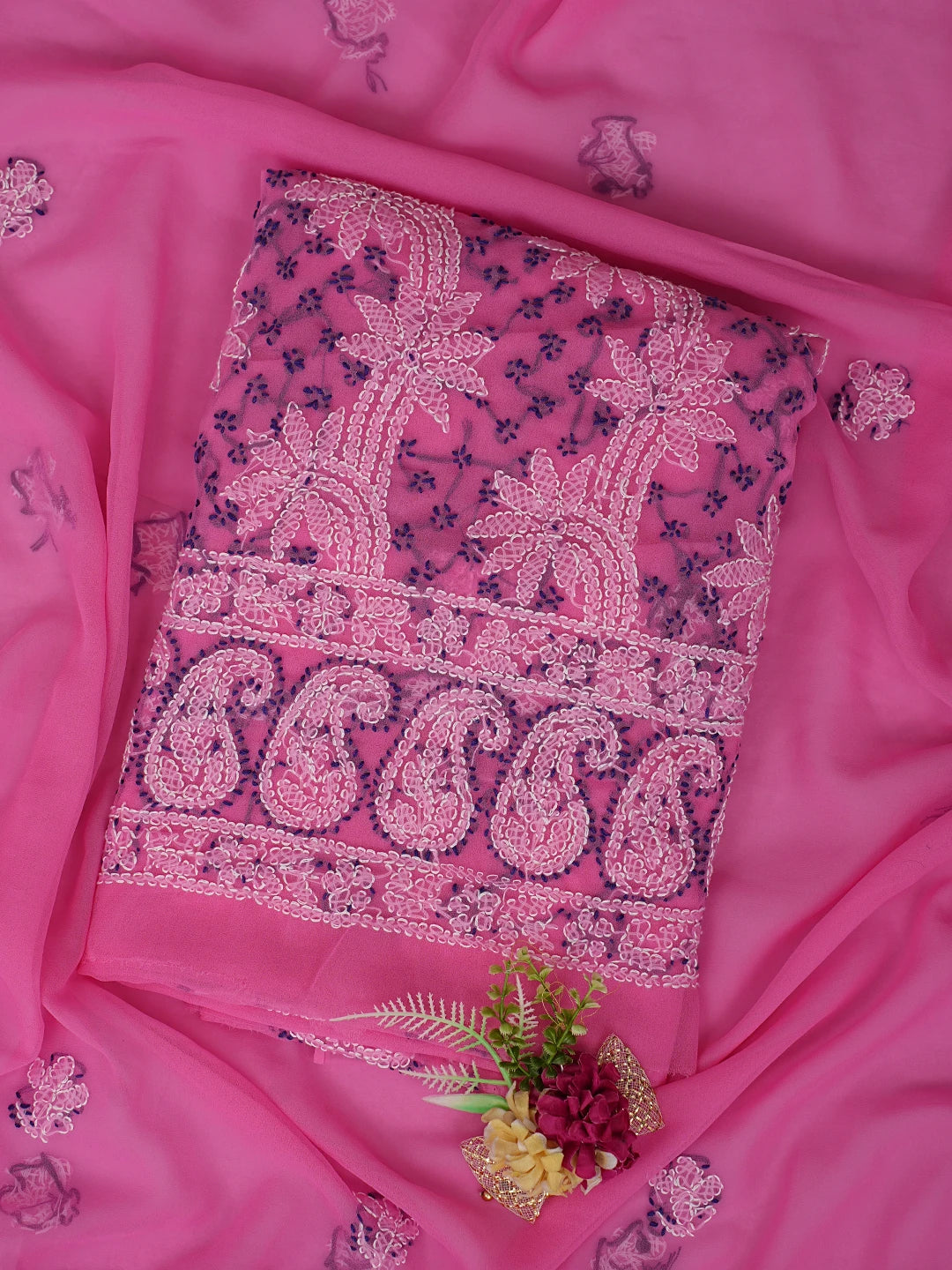 Ada Hand Embroidered Cerise Pink Georgette Lucknowi Chikankari Unstitched Suit Piece 01A872114