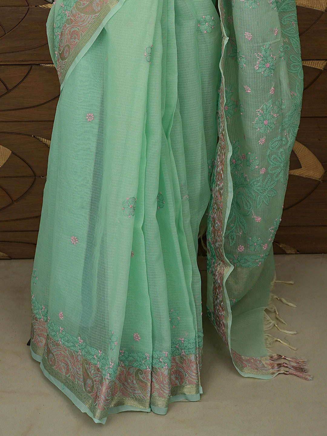 Ada Hand Embroidered Green Chanderi Lucknowi Chikankari Saree With Blouse 01A877300