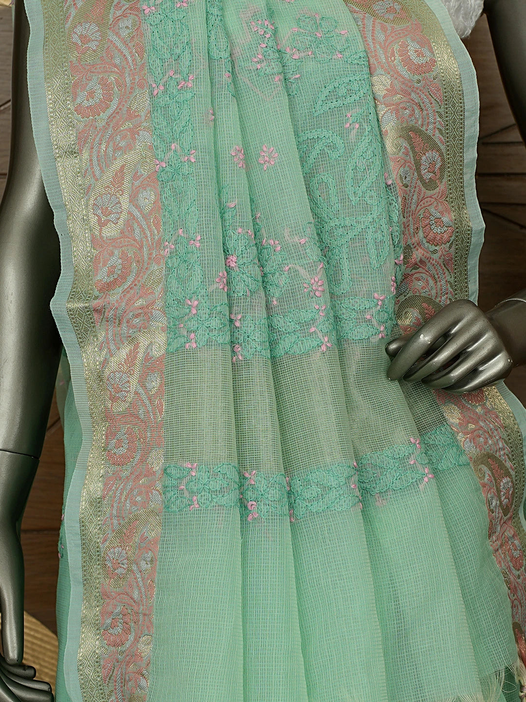 Ada Hand Embroidered Green Chanderi Lucknowi Chikankari Saree With Blouse 01A877300