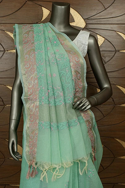 Ada Hand Embroidered Green Chanderi Lucknowi Chikankari Saree With Blouse 01A877300