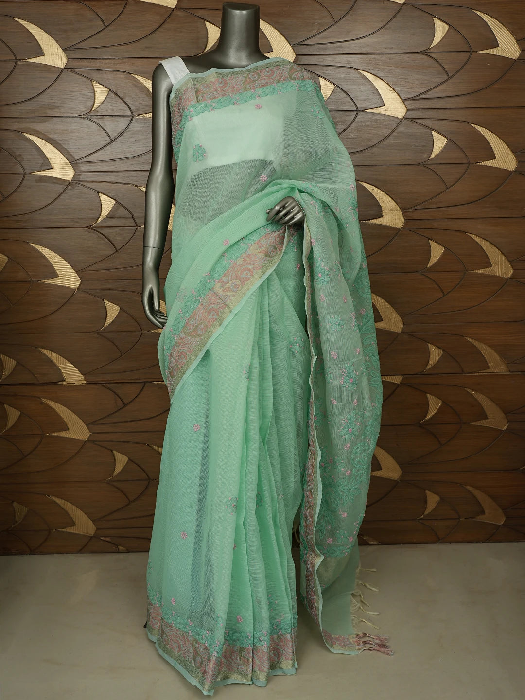 Ada Hand Embroidered Green Chanderi Lucknowi Chikankari Saree With Blouse 01A877300