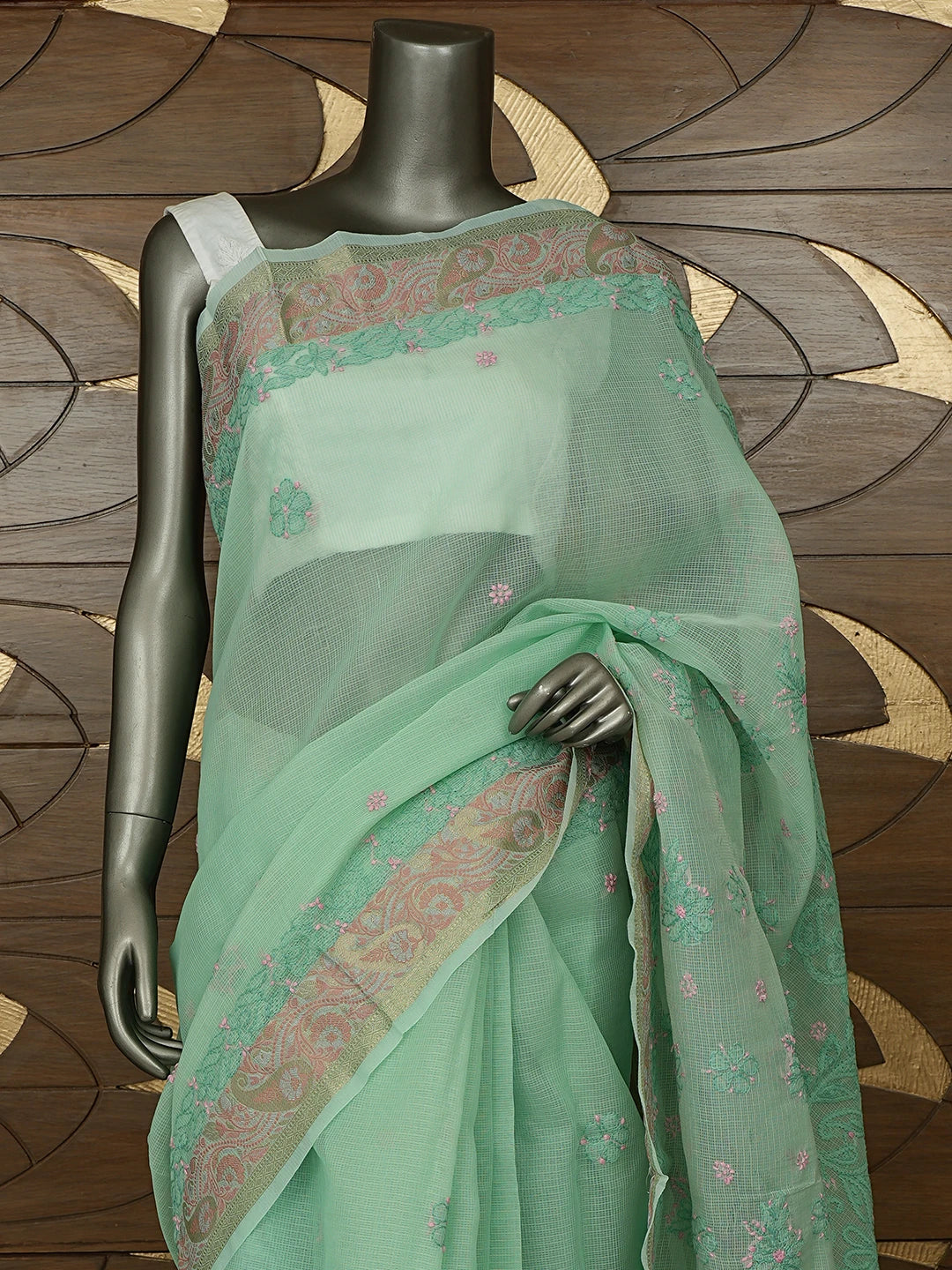 Ada Hand Embroidered Green Chanderi Lucknowi Chikankari Saree With Blouse 01A877300