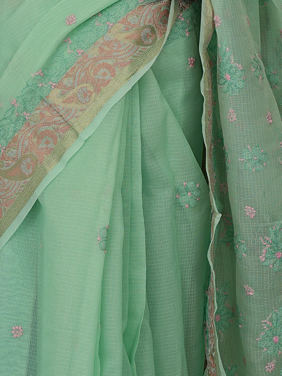 Ada Hand Embroidered Green Chanderi Lucknowi Chikankari Saree With Blouse 01A877300