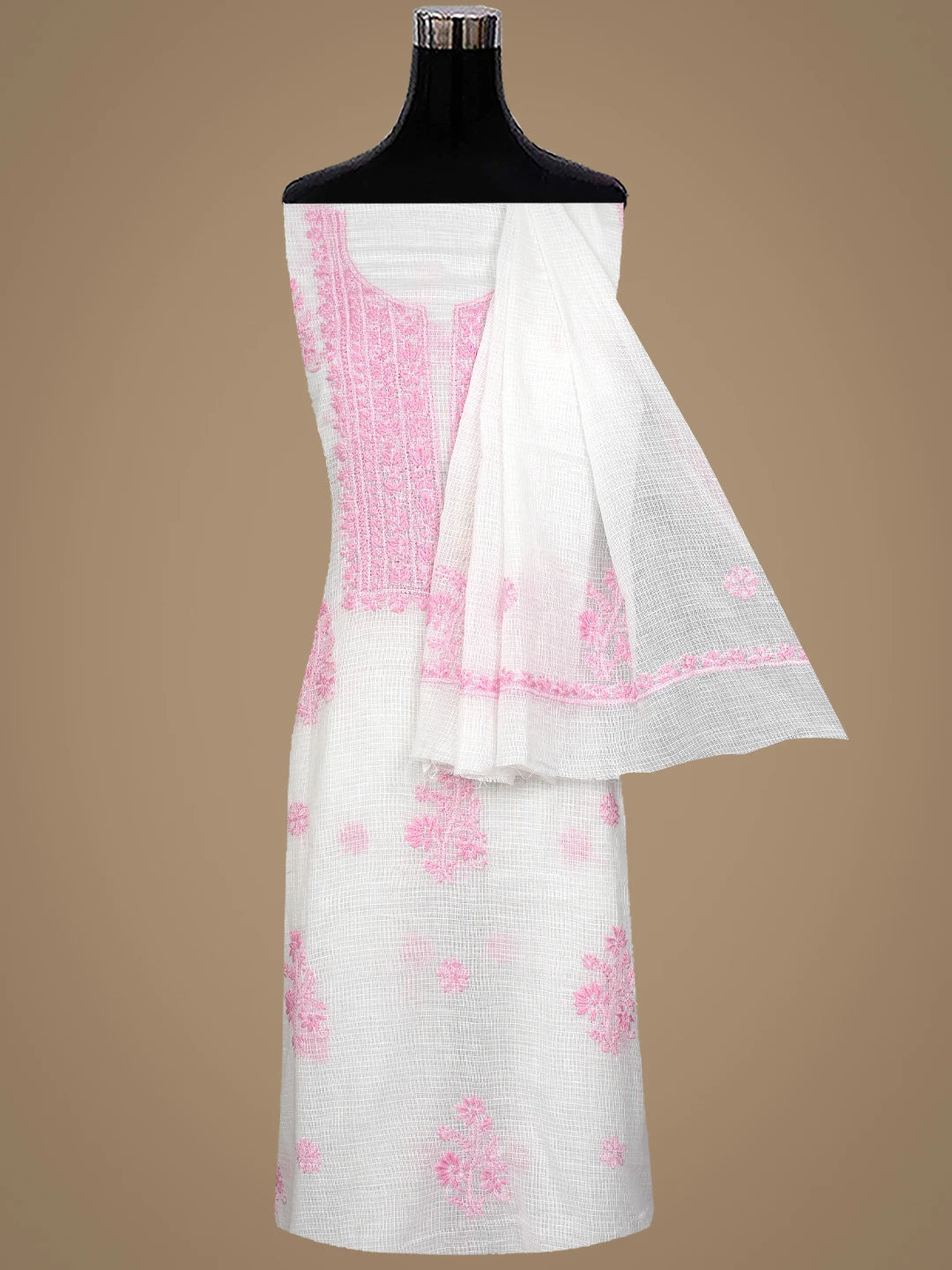 Ada Hand Embroidered White Kota Lucknowi Chikankari Unstitched Kurta Dupatta Set 01A876911