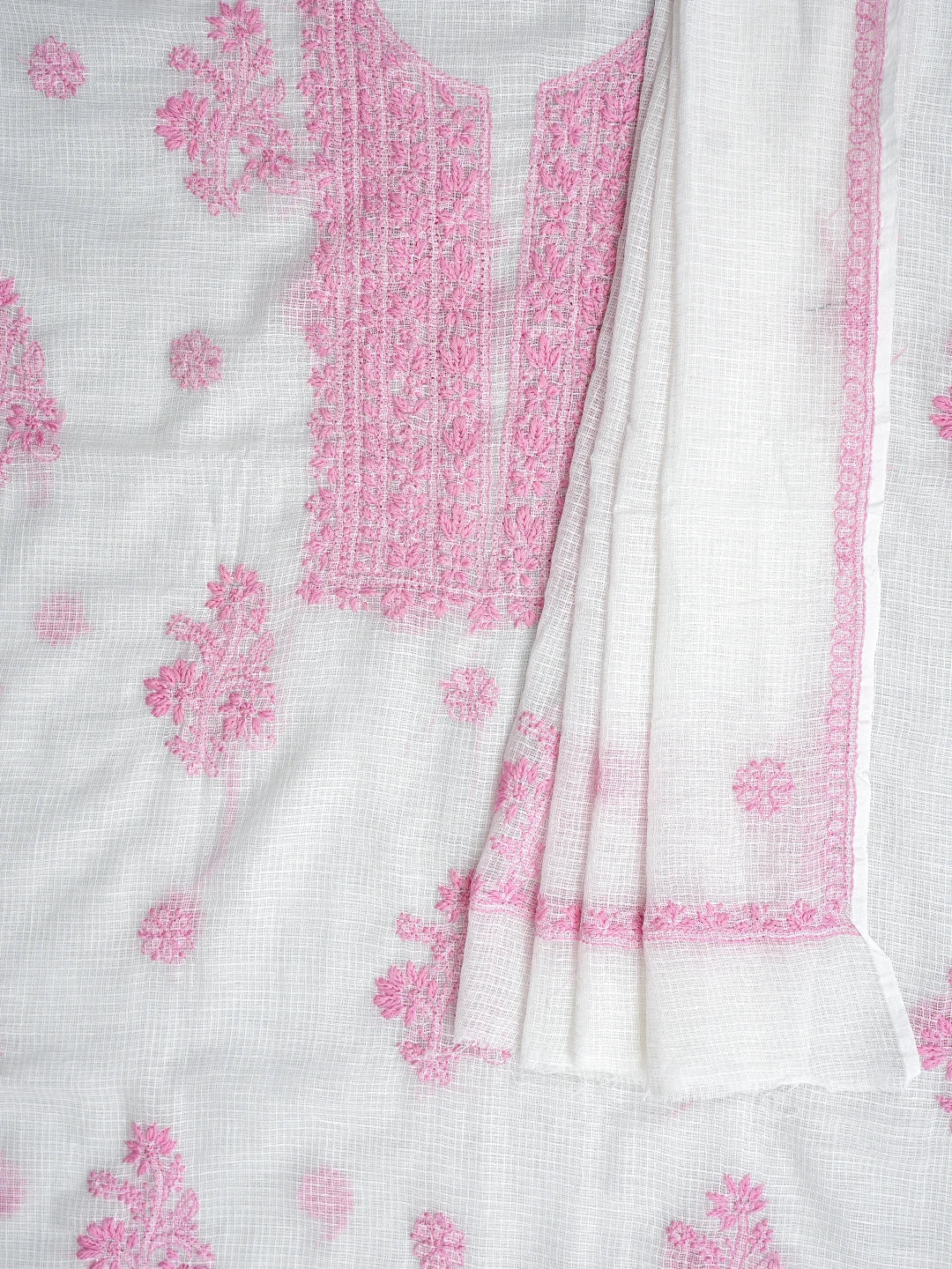 Ada Hand Embroidered White Kota Lucknowi Chikankari Unstitched Kurta Dupatta Set 01A876911