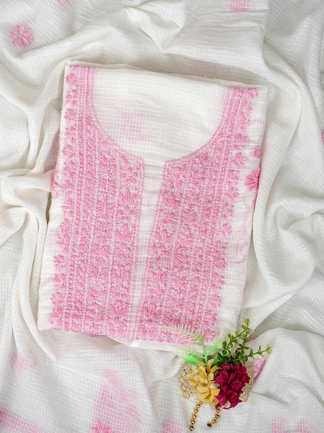 Ada Hand Embroidered White Kota Lucknowi Chikankari Unstitched Kurta Dupatta Set 01A876911