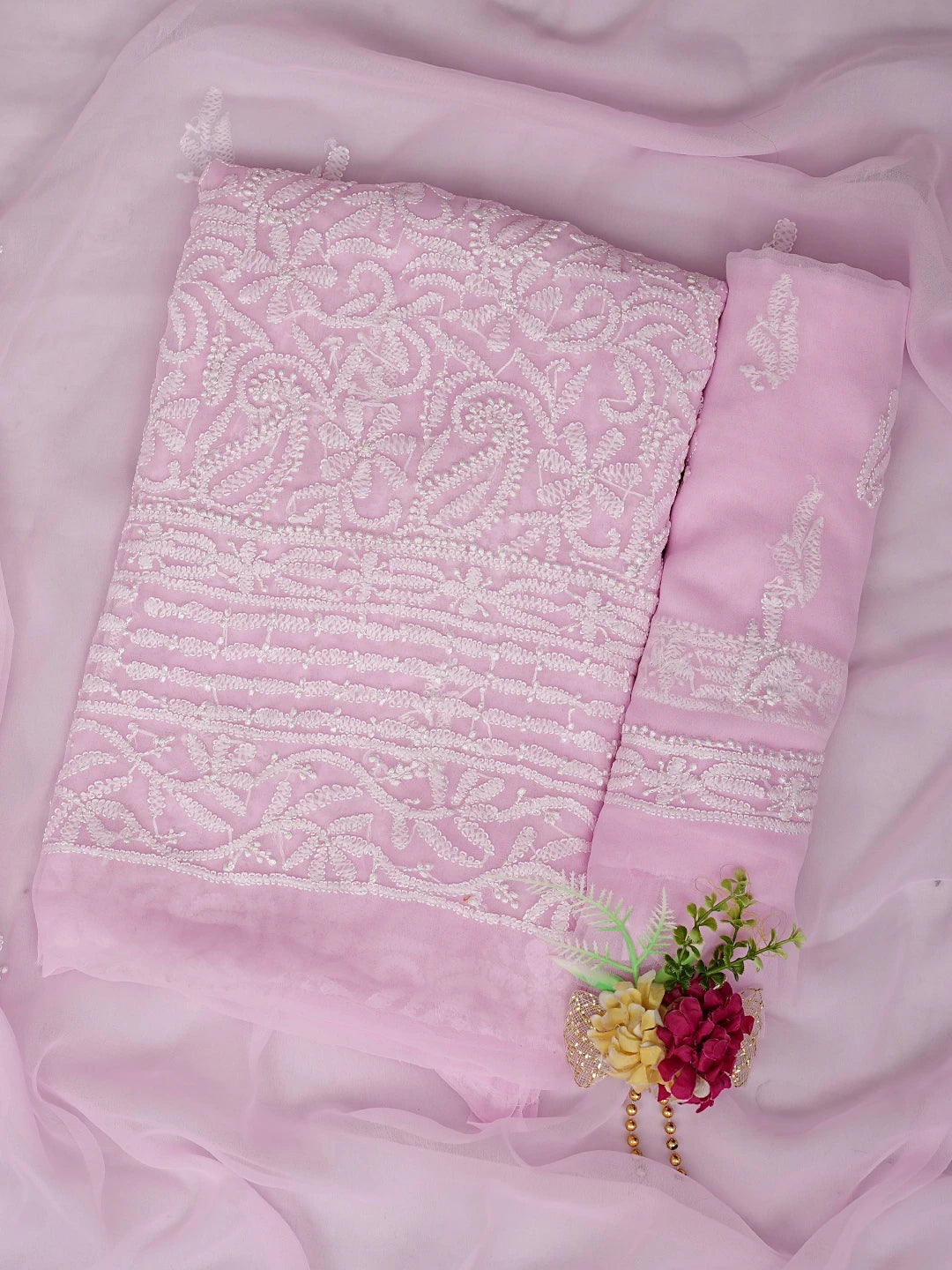 Ada Hand Embroidered Pink Georgette Lucknowi Chikankari Unstitched Suit Piece 01A878913