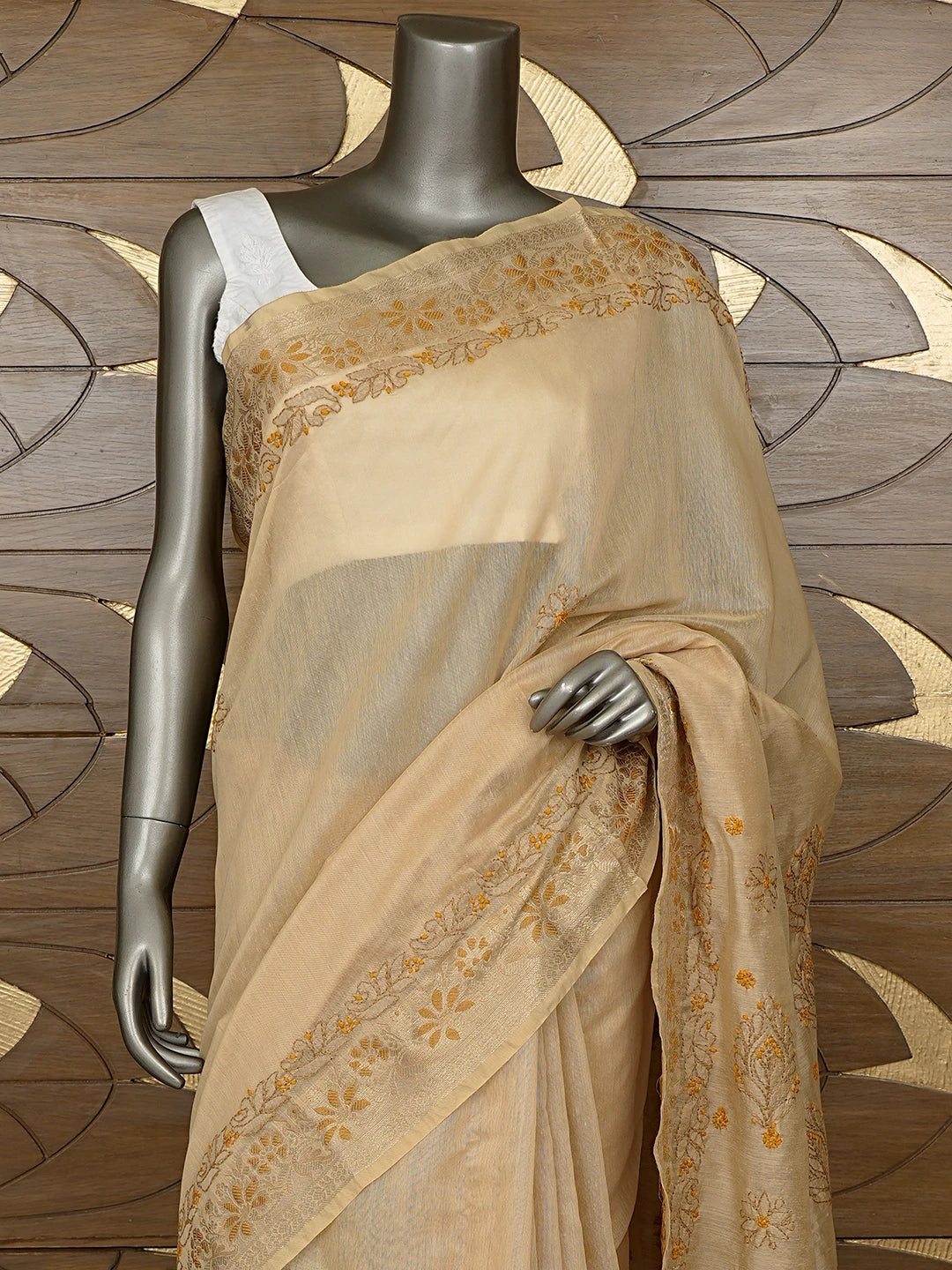 Ada Hand Embroidered Fawn Chanderi Lucknowi Chikankari Saree With Blouse 01A877297