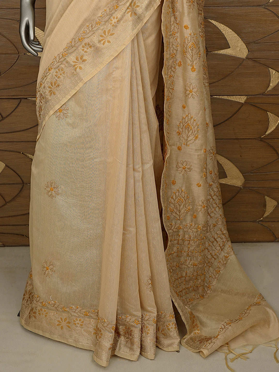 Ada Hand Embroidered Fawn Chanderi Lucknowi Chikankari Saree With Blouse 01A877297