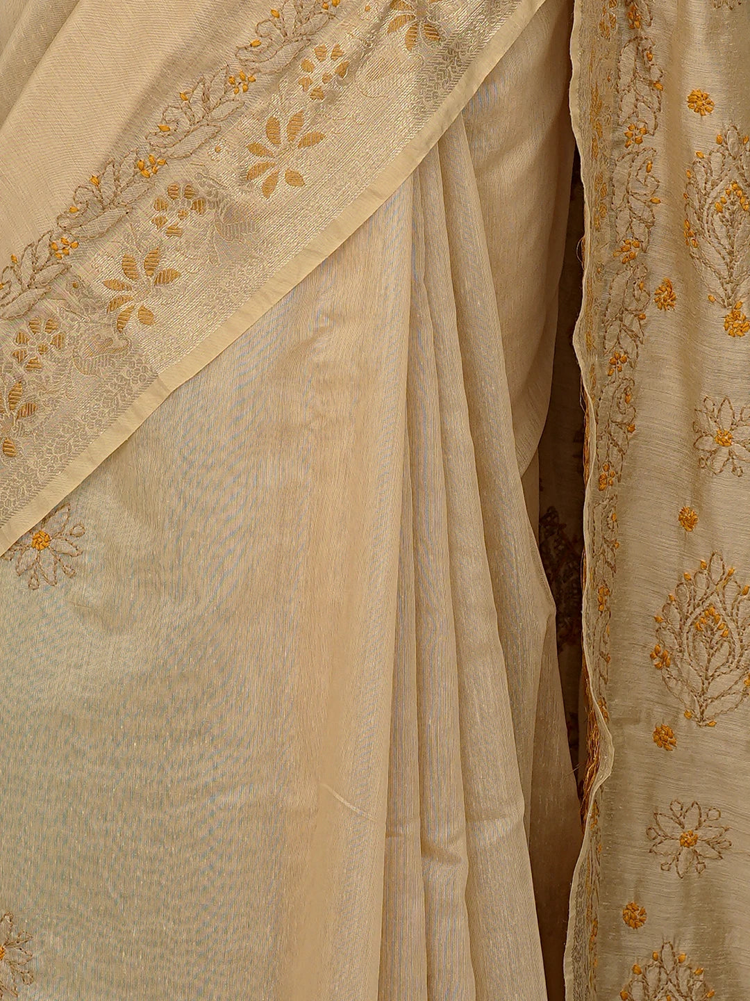 Ada Hand Embroidered Fawn Chanderi Lucknowi Chikankari Saree With Blouse 01A877297