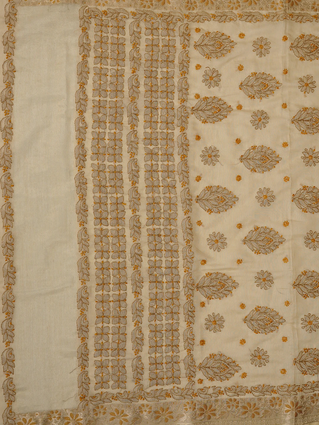 Ada Hand Embroidered Fawn Chanderi Lucknowi Chikankari Saree With Blouse 01A877297