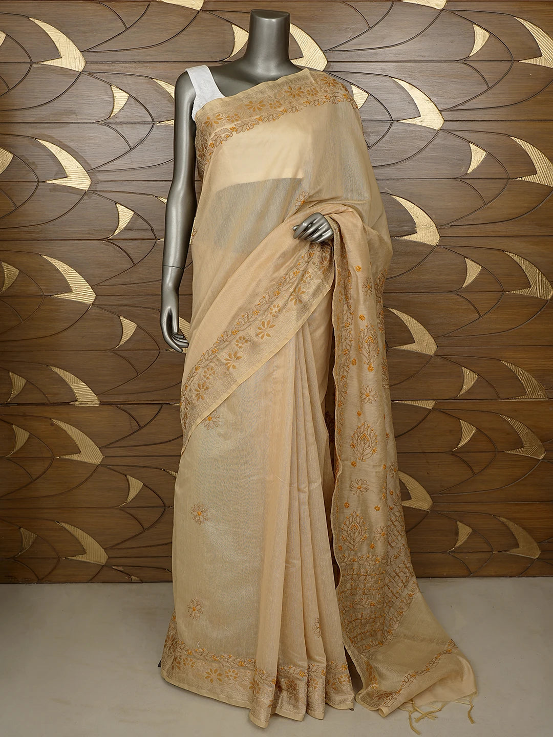 Ada Hand Embroidered Fawn Chanderi Lucknowi Chikankari Saree With Blouse 01A877297