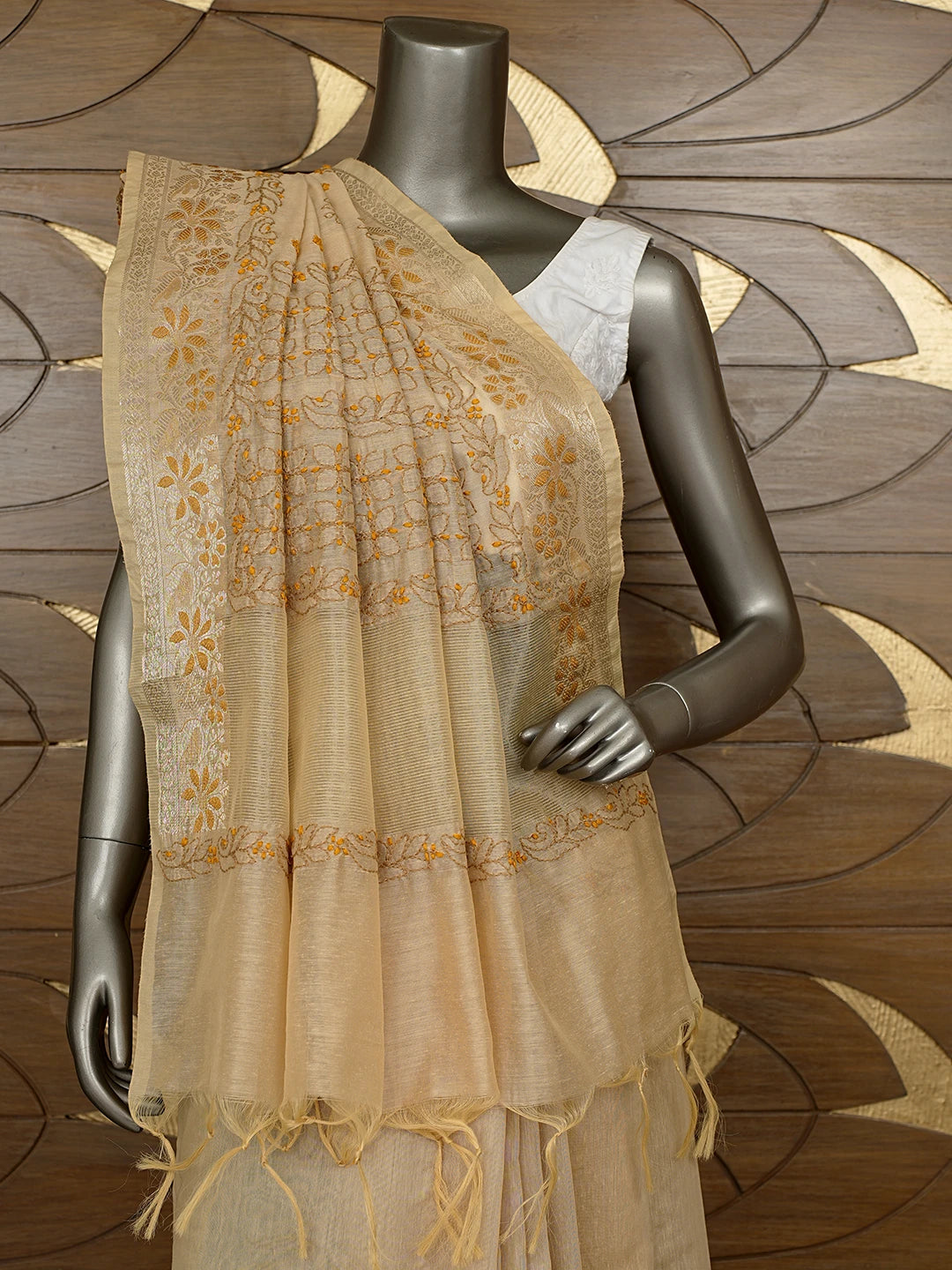 Ada Hand Embroidered Fawn Chanderi Lucknowi Chikankari Saree With Blouse 01A877297
