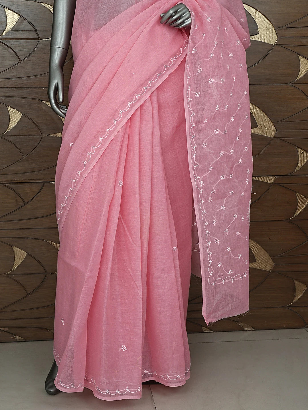 Ada Hand Embroidered Carrot Pink Cotton Lucknowi Chikankari Saree and Blouse 01A882911
