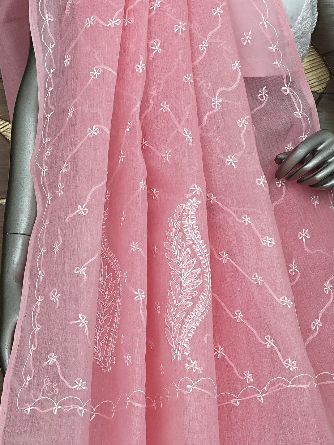 Ada Hand Embroidered Carrot Pink Cotton Lucknowi Chikankari Saree and Blouse 01A882911