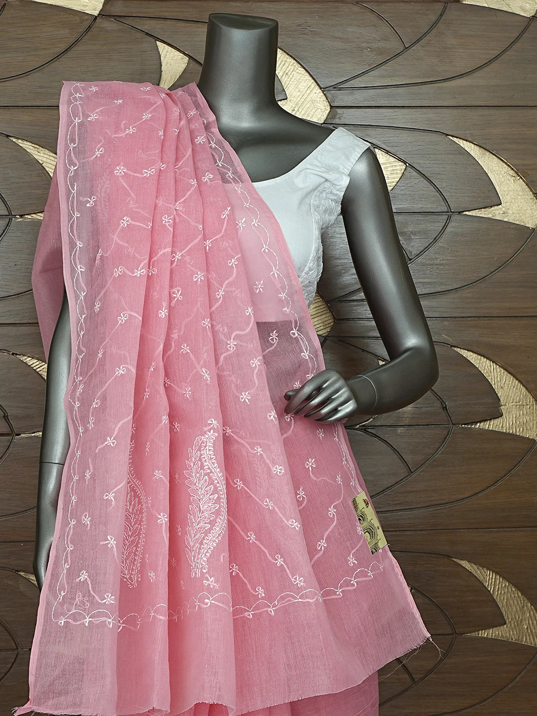 Ada Hand Embroidered Carrot Pink Cotton Lucknowi Chikankari Saree and Blouse 01A882911