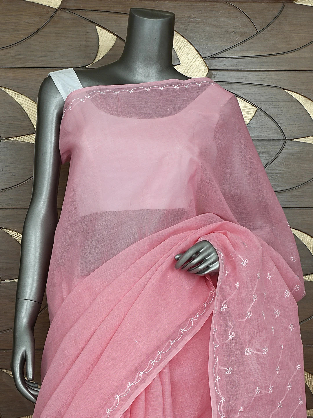 Ada Hand Embroidered Carrot Pink Cotton Lucknowi Chikankari Saree and Blouse 01A882911