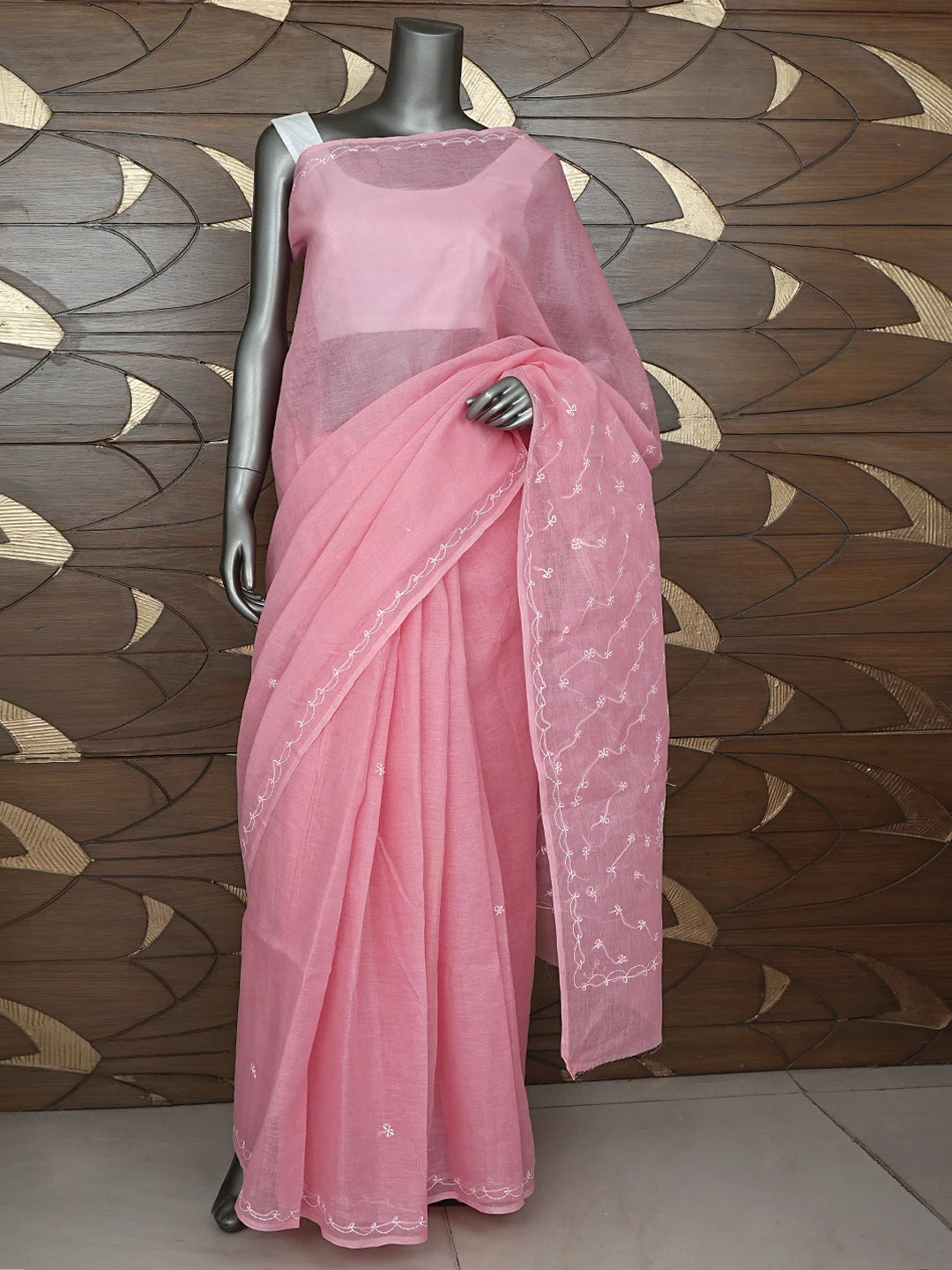 Ada Hand Embroidered Carrot Pink Cotton Lucknowi Chikankari Saree and Blouse 01A882911