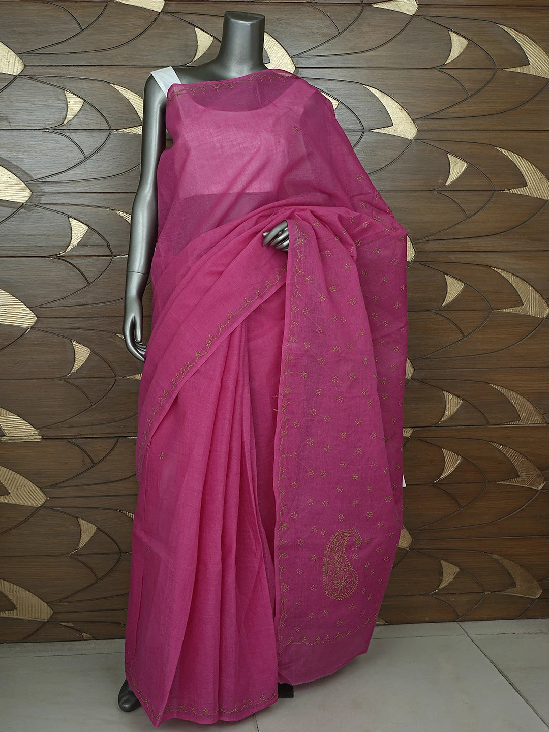 Ada Hand Embroidered Magenta Cotton Lucknowi Chikankari Saree and Blouse 01A882917