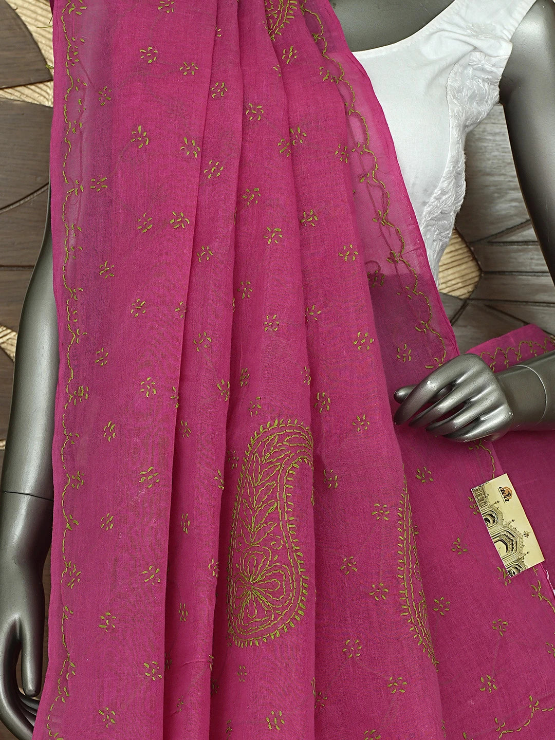 Ada Hand Embroidered Magenta Cotton Lucknowi Chikankari Saree and Blouse 01A882917