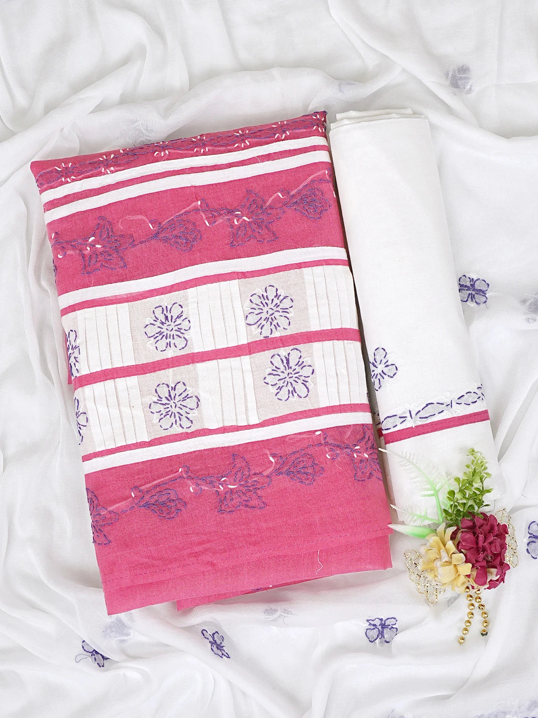 Ada Hand Embroidered Magenta Cotton Lucknowi Chikankari Unstitched Suit Piece 01A882742