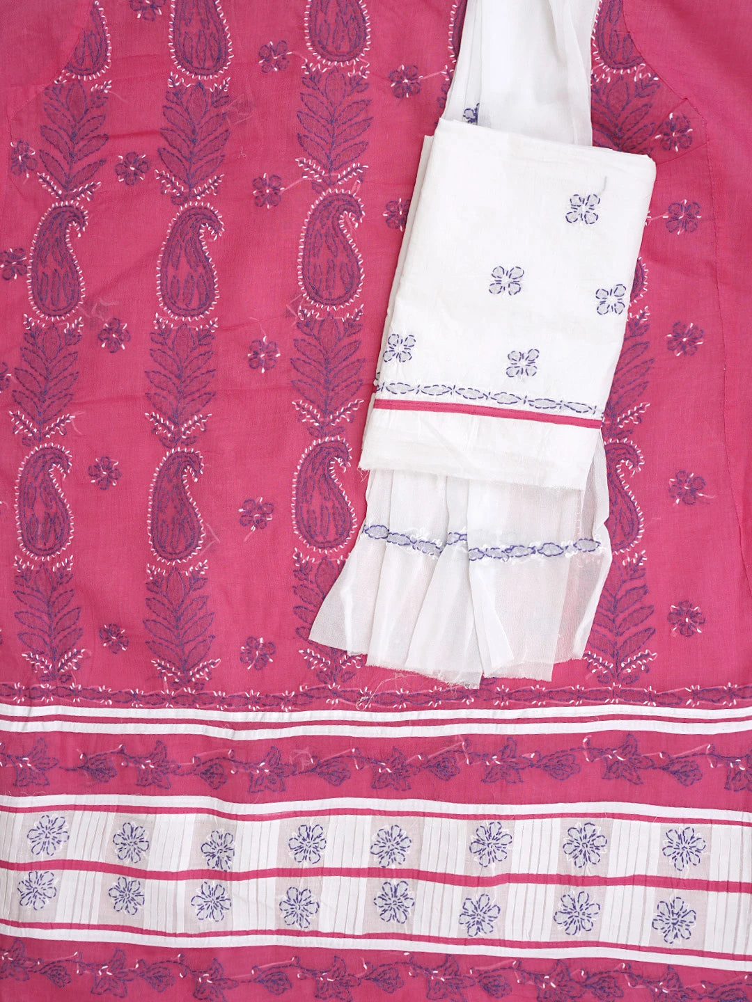 Ada Hand Embroidered Magenta Cotton Lucknowi Chikankari Unstitched Suit Piece 01A882742